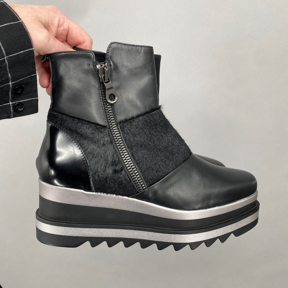 Marco Moreo Black Leather Fur Platform Wedge Ankle Boots Women's 40 Goth
Italian